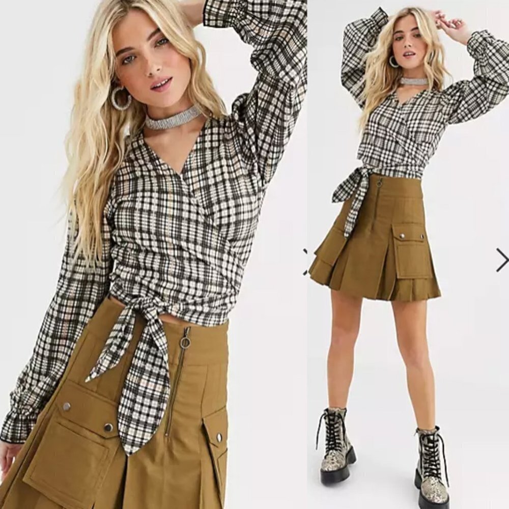 New Girl Order wrap crop top with puff sleeves in heritage check US size 6